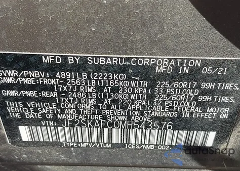 2021 Subaru Forester Premium z USA, uszkodzony, nr VIN JF2SKAFC0MH543576